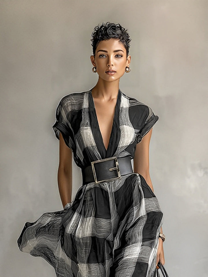 Plaid Linen Maxi Dress with Belt - V-Neck Cap Sleeve
