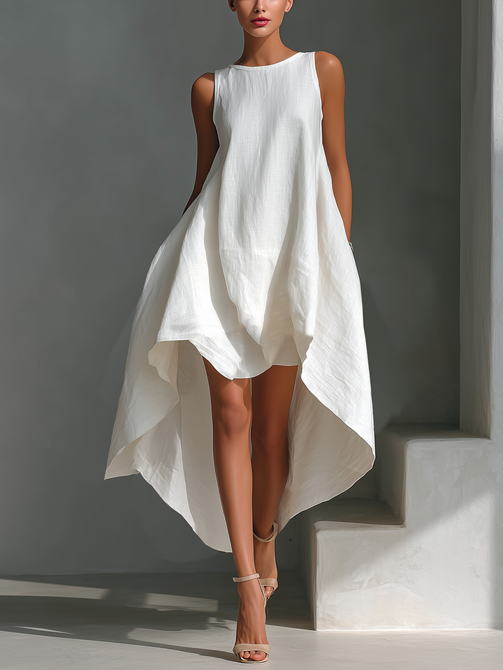 White Linen Midi Dress Sleeveless with Asymmetric Hem