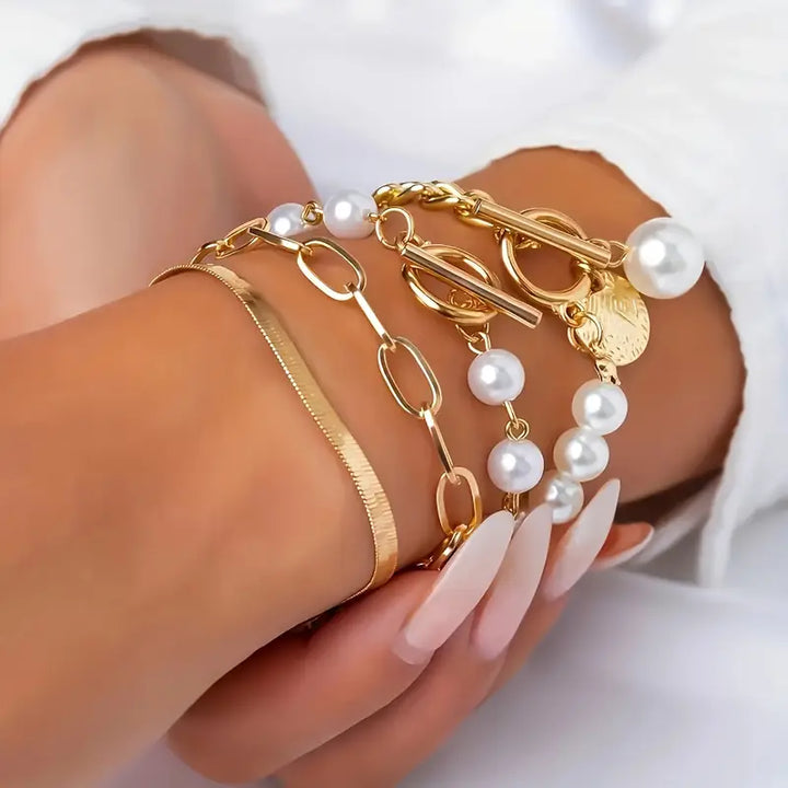 Gold Bracelet Set - Layered 4 Piece Snake Pearl Link Stack