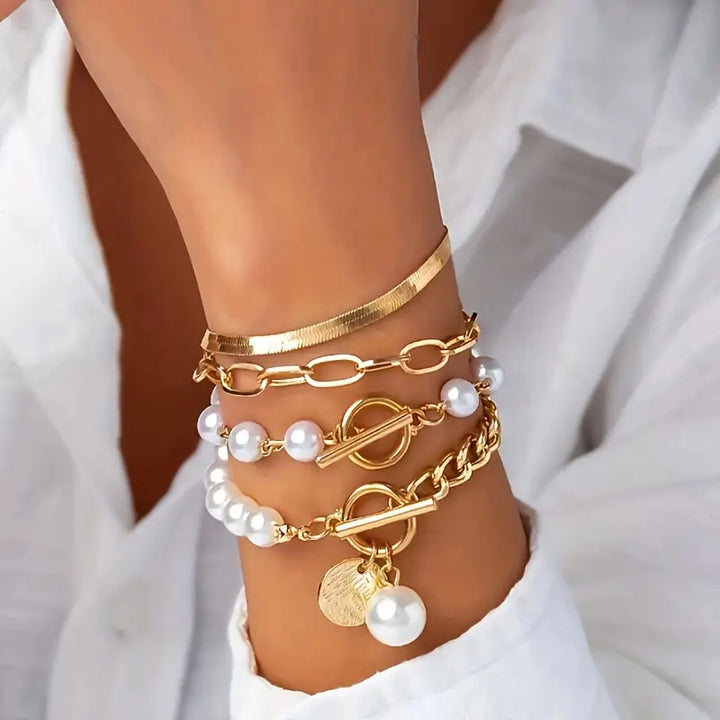 Gold Bracelet Set - Layered 4 Piece Snake Pearl Link Stack
