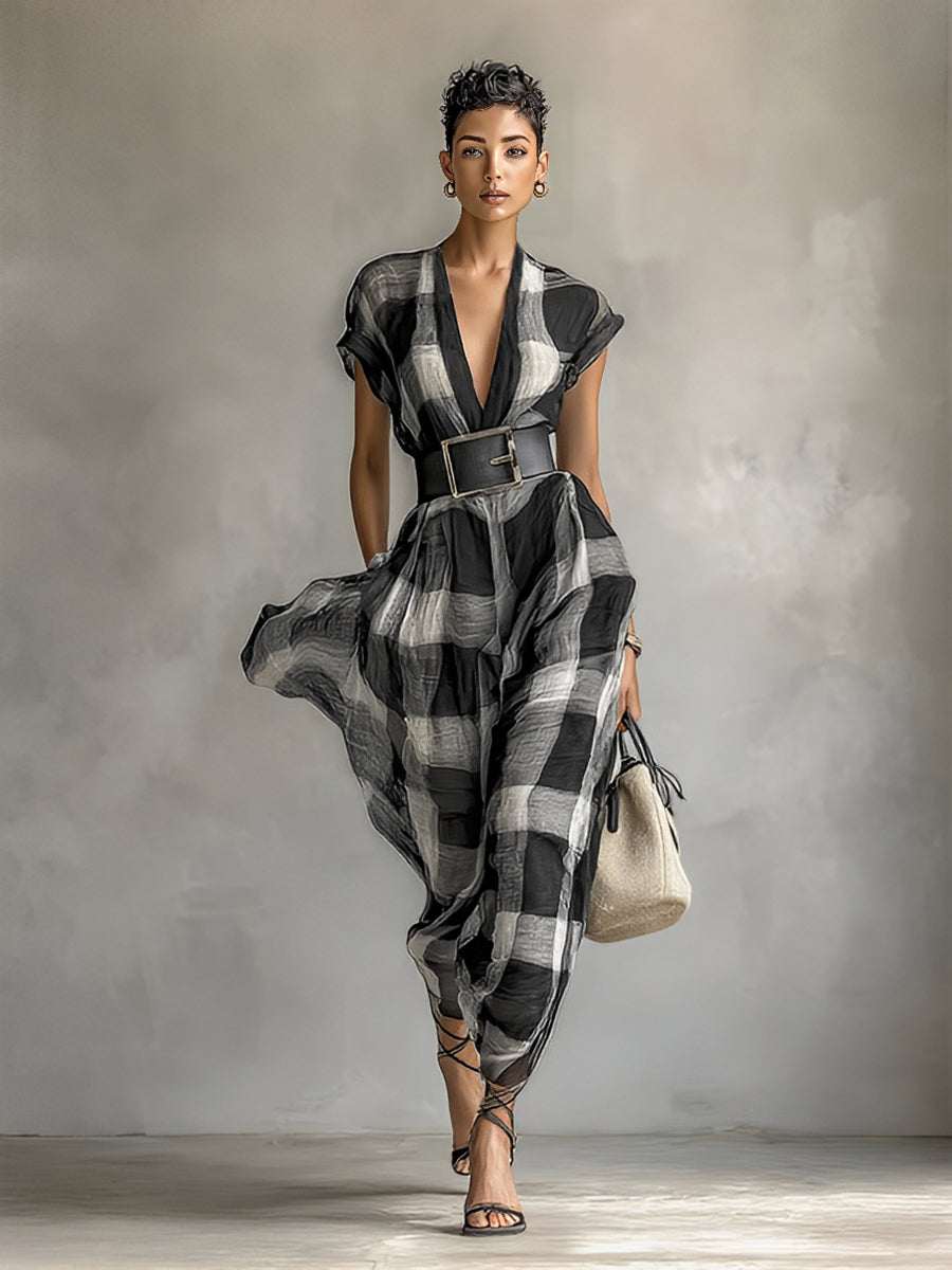 Plaid Linen Maxi Dress with Belt - V-Neck Cap Sleeve