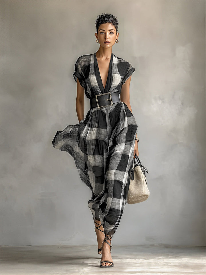 Plaid Linen Maxi Dress with Belt - V-Neck Cap Sleeve