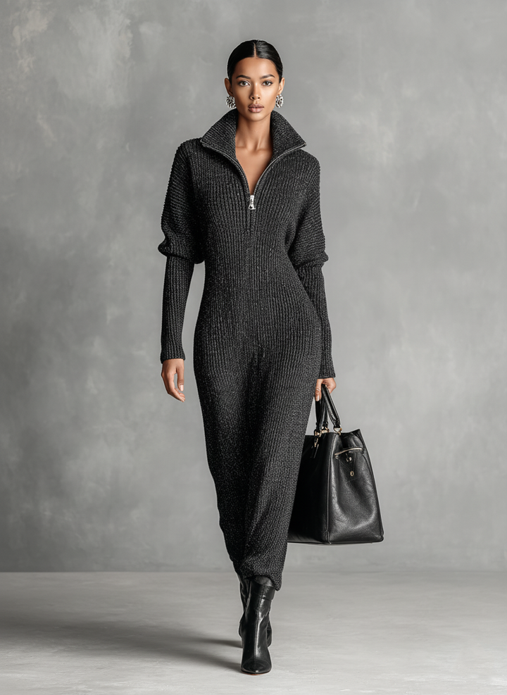 Knitted Maxi Dress with Zipper Neck for Women