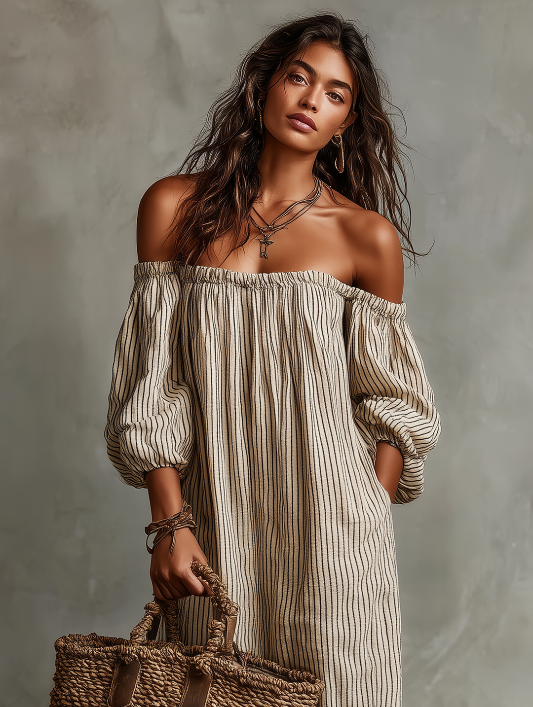 Off Shoulder Maxi Dress Cotton Linen Long Sleeve