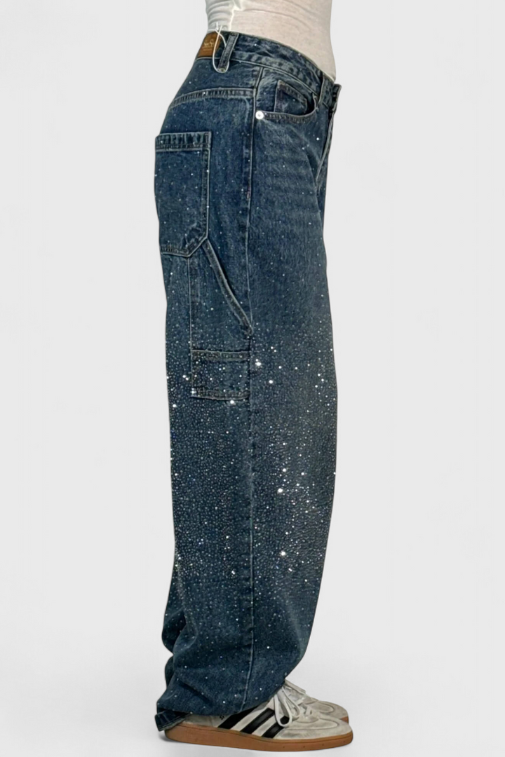 Cargo Balloon Jeans with Rhinestone Embellishments for Women