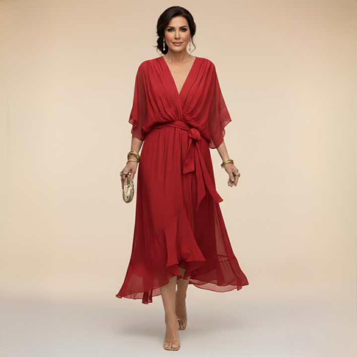 Chiffon V-Neck Dress for Women - Elegant Flowing Midi Dress