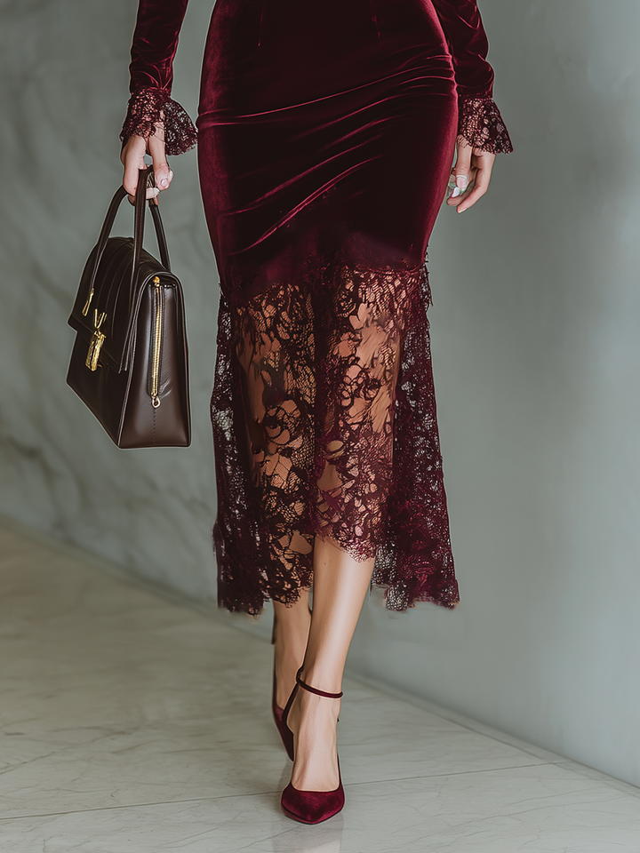 Burgundy Velvet Maxi Dress with Lace Detail for Women