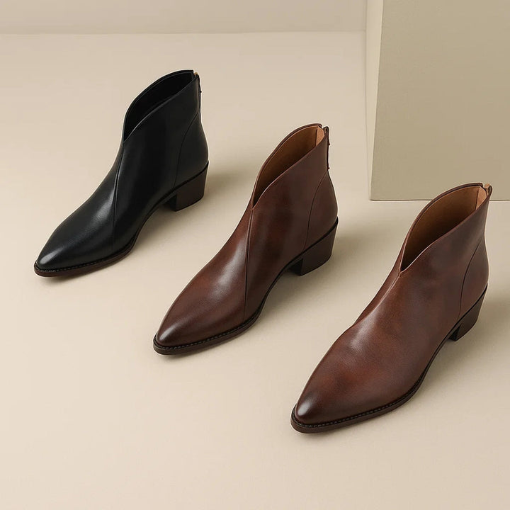 Leather Ankle Boots for Women with Pointed Toe and Block Heel
