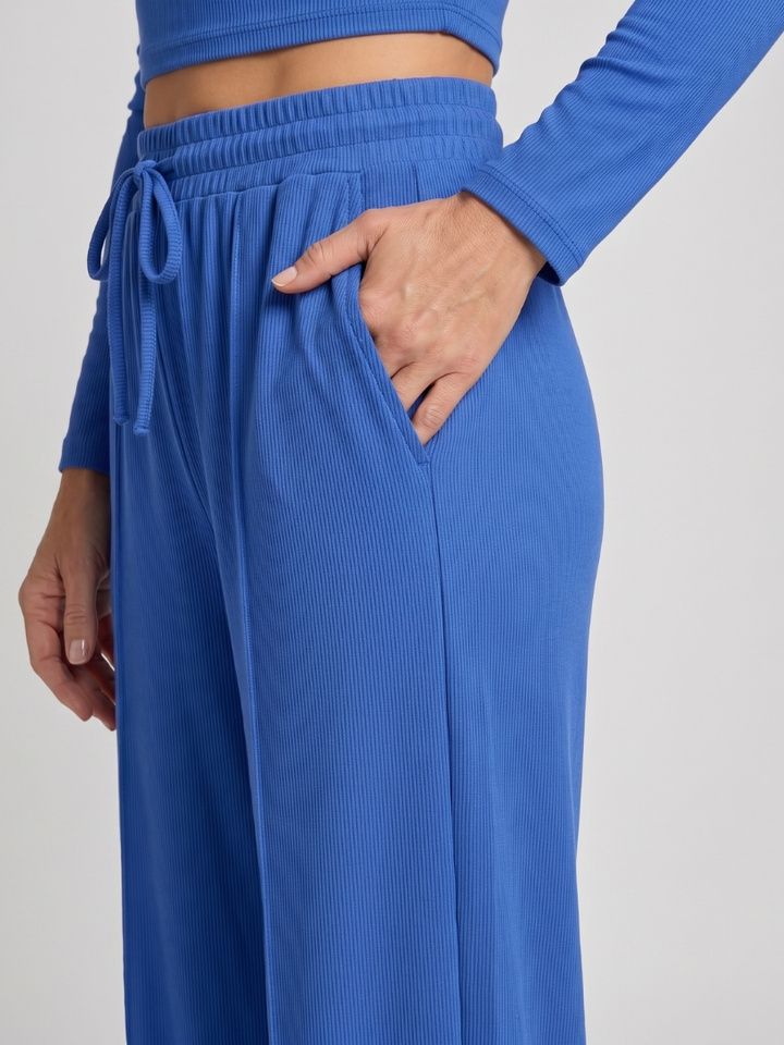 Two Piece Set Long Sleeve Crop Top Wide Leg Pants for Women