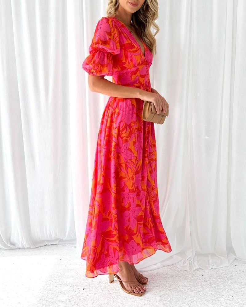 Elegant Maxi Dress with V-Neck and Gathered Sleeves
