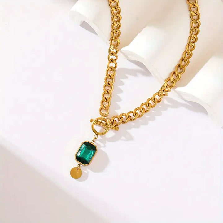 Gold Chain Necklace with Emerald Pendant | Chunky Statement Jewelry