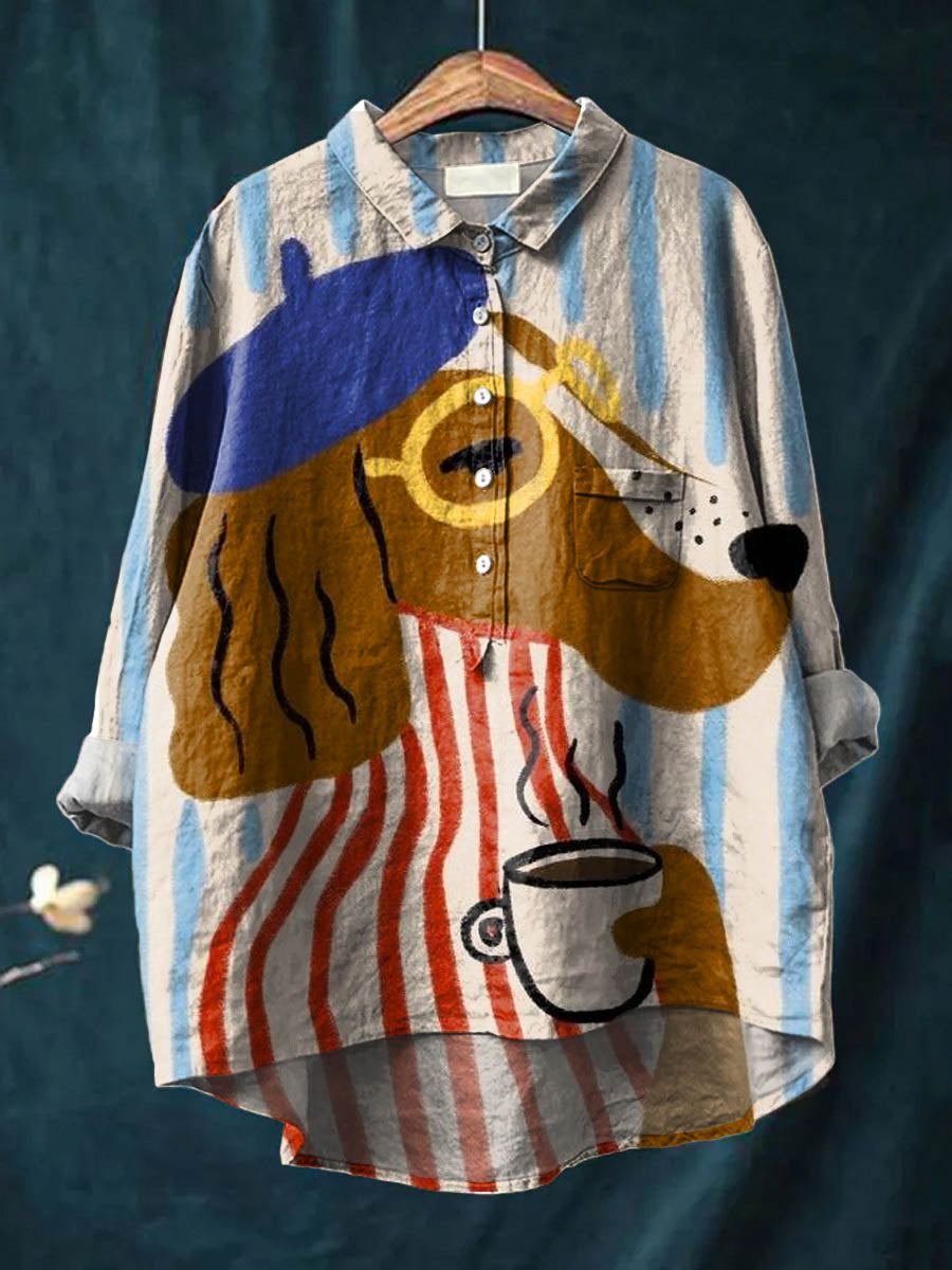 Dog & Coffee Print Shirt for Women | Artistic Button Up Blouse