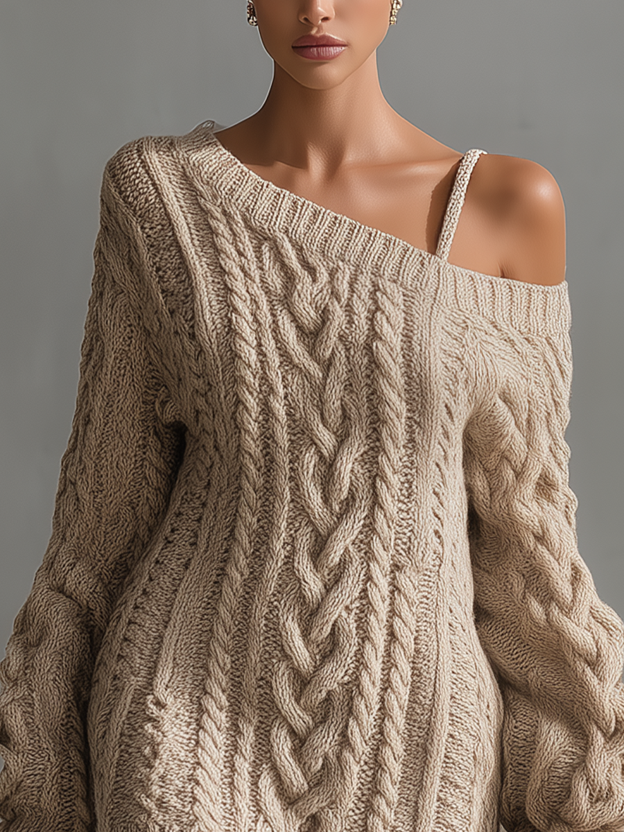Cable Knit Sweater Dress Off Shoulder Mini in Beige