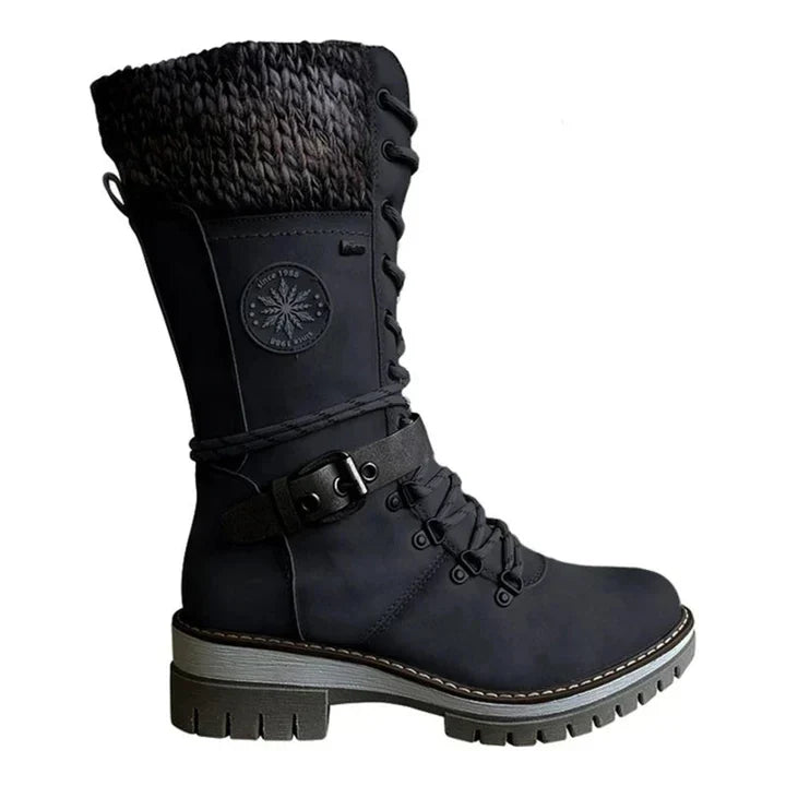 Mid Calf Winter Boots for Women with Knit Cuff and Lace Up Detail