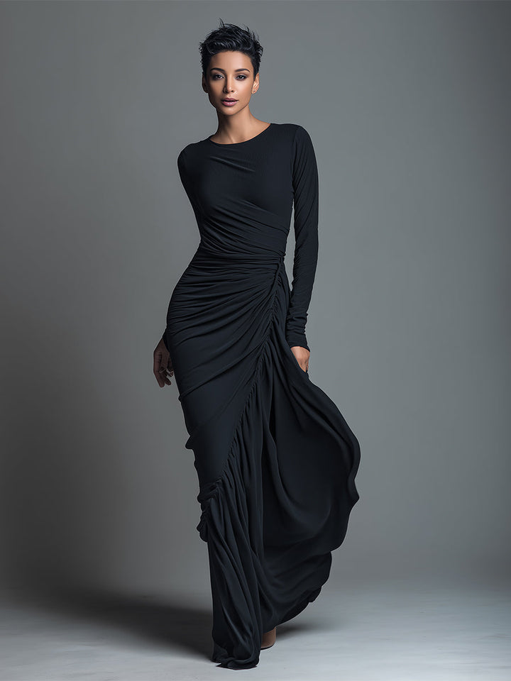 Black Maxi Dress with Ruched Detailing - Long Sleeve Jersey Knit