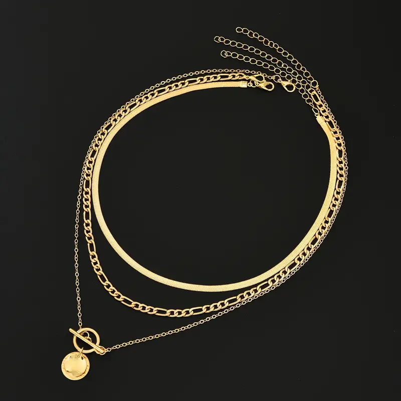 Layered Gold Coin Necklace - Textured Statement Pendant Jewelry