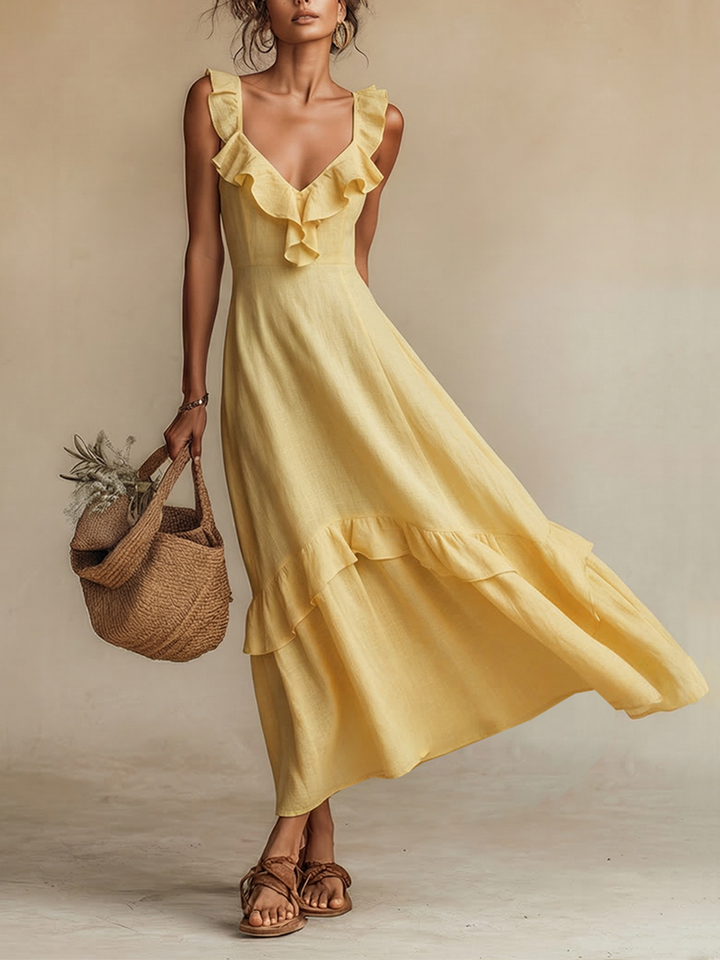 Yellow Linen Maxi Dress with Ruffle V-Neck and Hem