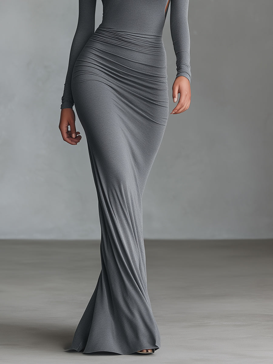 Grey Maxi Dress with Ruched Detail and Open Back for Women