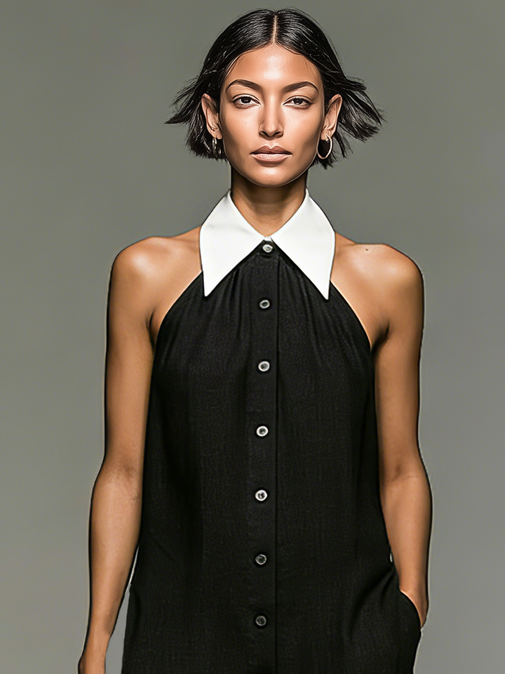Linen Shirt Dress for Women - Sleeveless Colorblock Mini Dress
