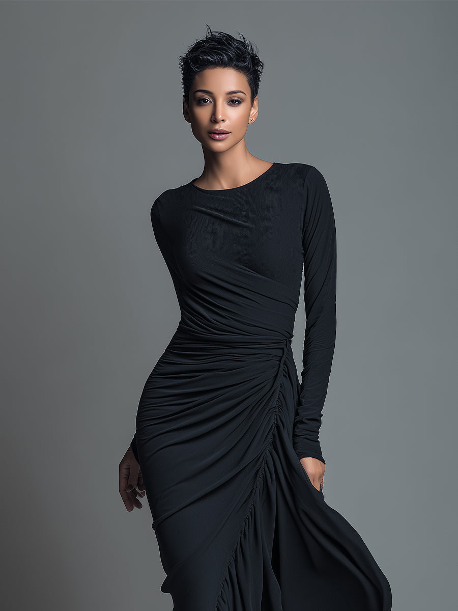 Black Maxi Dress with Ruched Detailing - Long Sleeve Jersey Knit