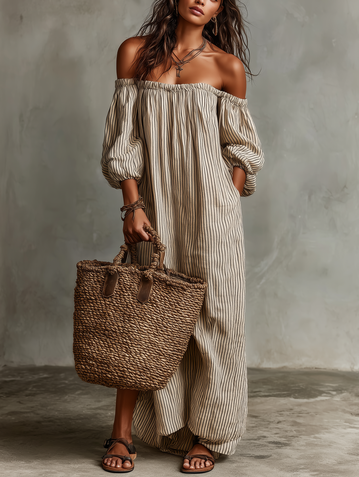 Off Shoulder Maxi Dress Cotton Linen Long Sleeve