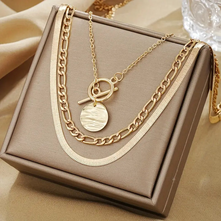 Layered Gold Coin Necklace - Textured Statement Pendant Jewelry