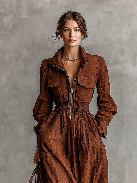 Cotton Linen Maxi Dress With Elastic Waist And Collar Detail