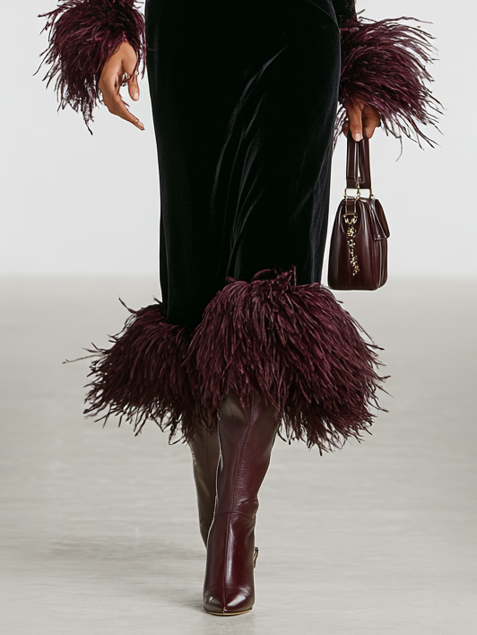 Velvet Maxi Dress with Feather Trim - Evening Formal Gown
