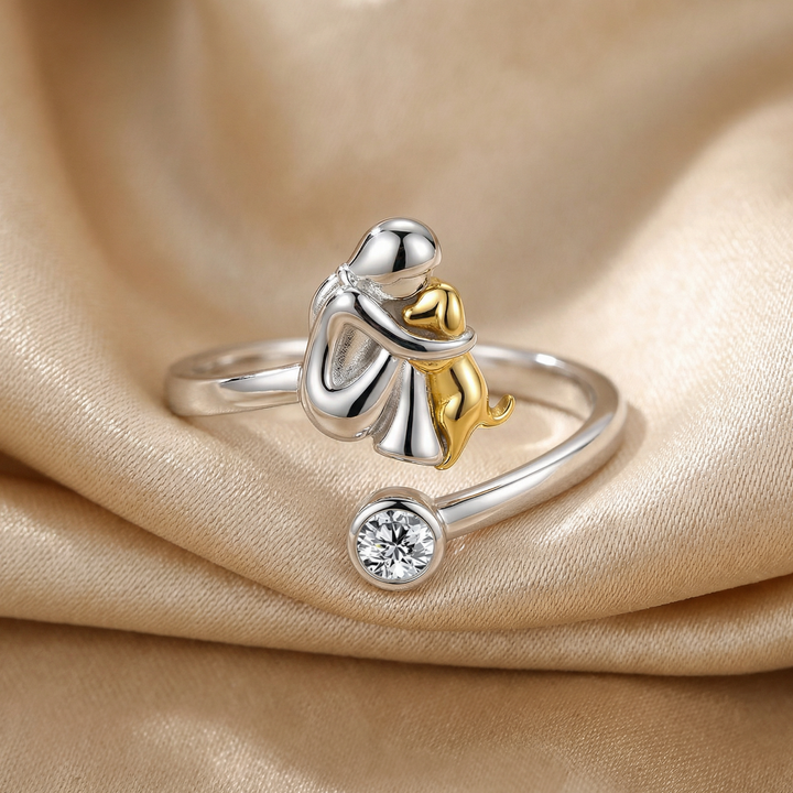 Sterling Silver Dog Lover Ring - Adjustable Woman and Dog Hug Design