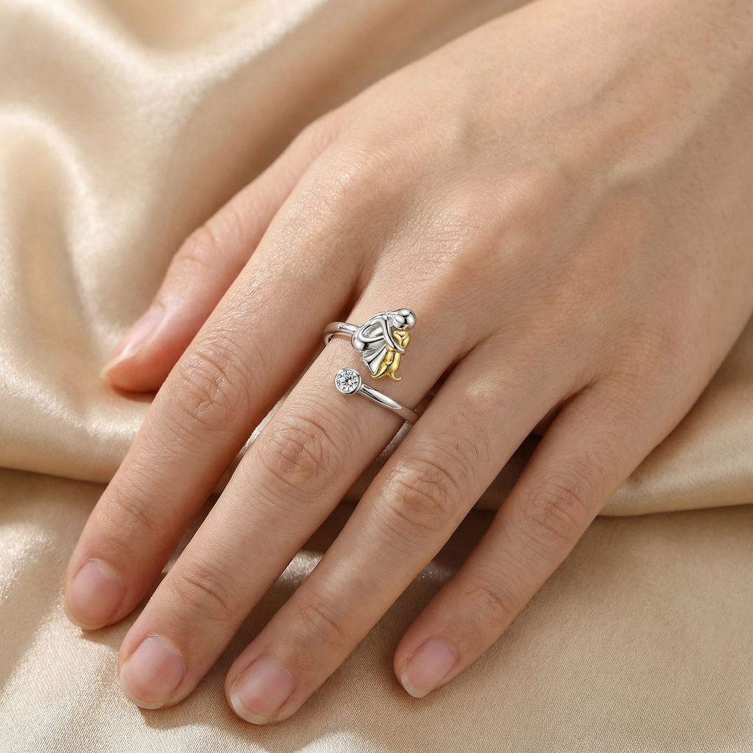 Sterling Silver Dog Lover Ring - Adjustable Woman and Dog Hug Design