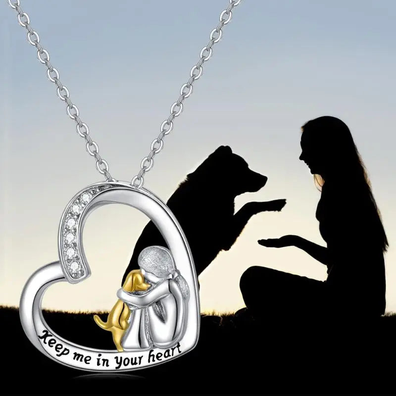 Sterling Silver Heart Necklace with Dog Pendant and Cubic Zirconia