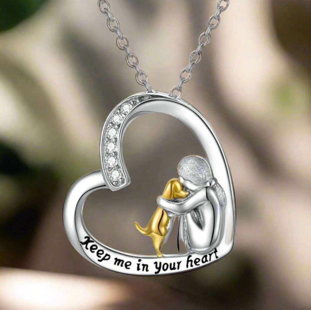 Sterling Silver Heart Necklace with Dog Pendant and Cubic Zirconia