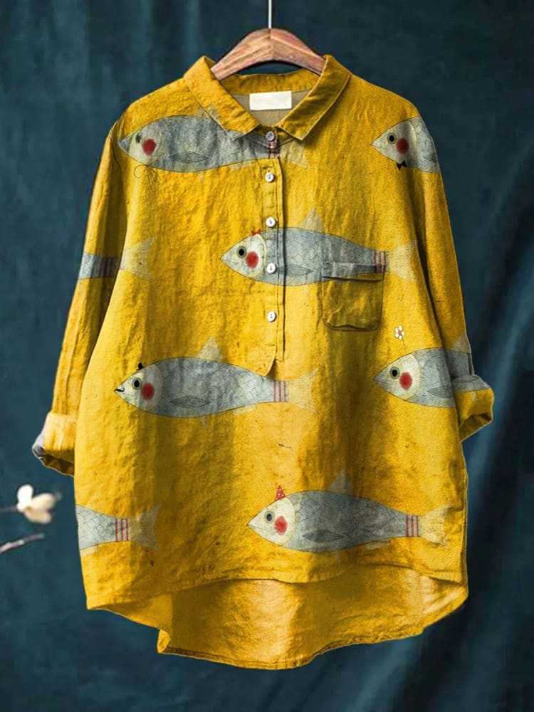 Fish Print Blouse | Classic Button Up Shirt for Women