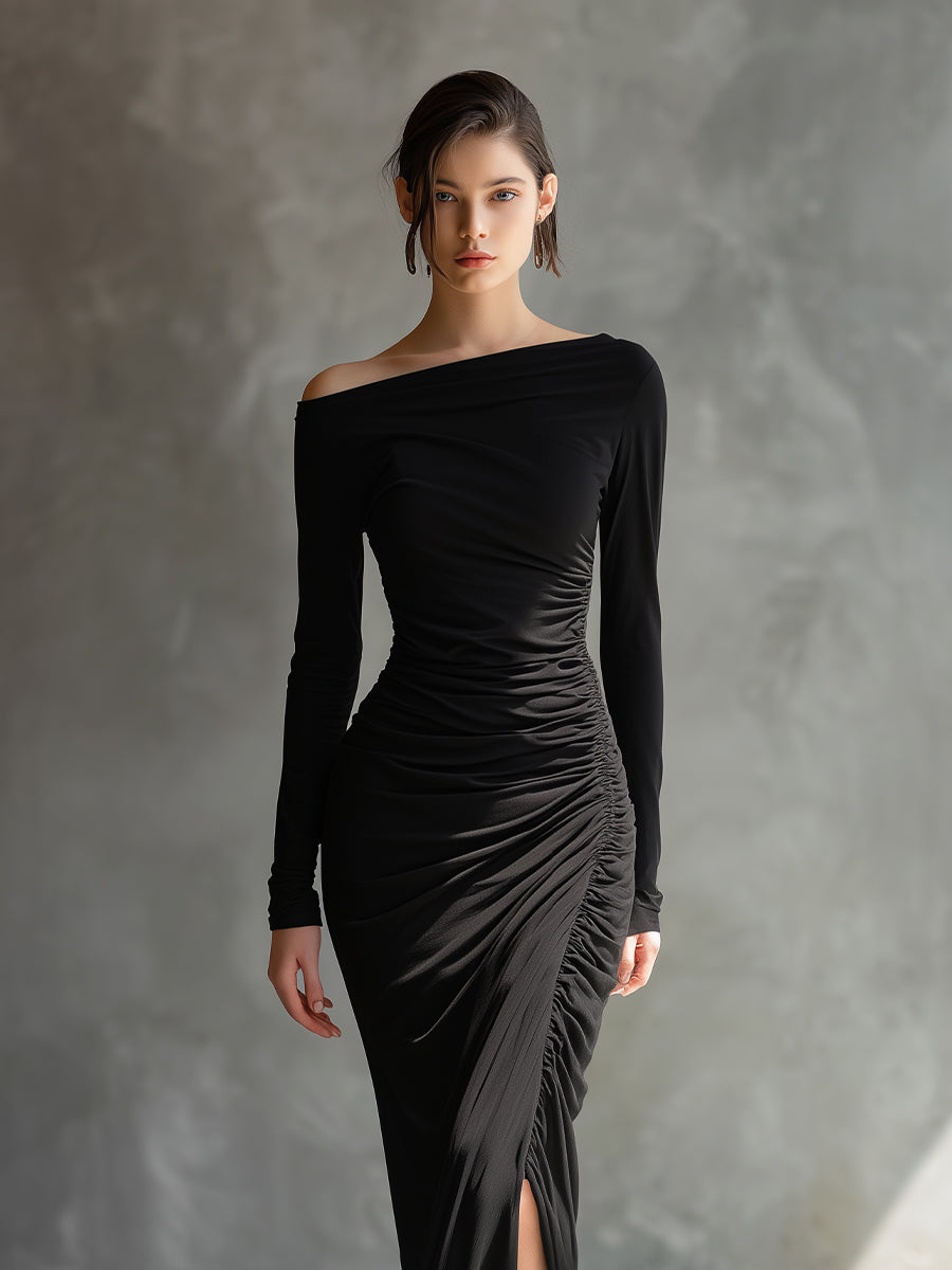 Black Off Shoulder Maxi Dress with Ruched Detailing and Slit