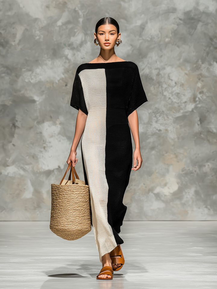 Knit Maxi Dress with Boat Neck and Short Sleeves