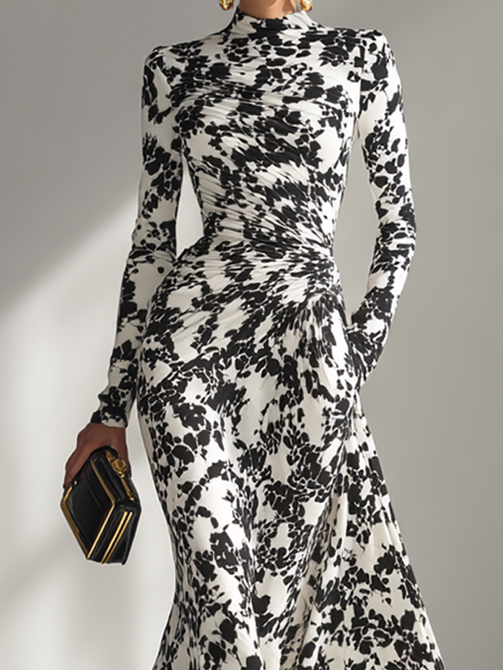 Floral Maxi Dress Long Sleeve High Neck Black White Print