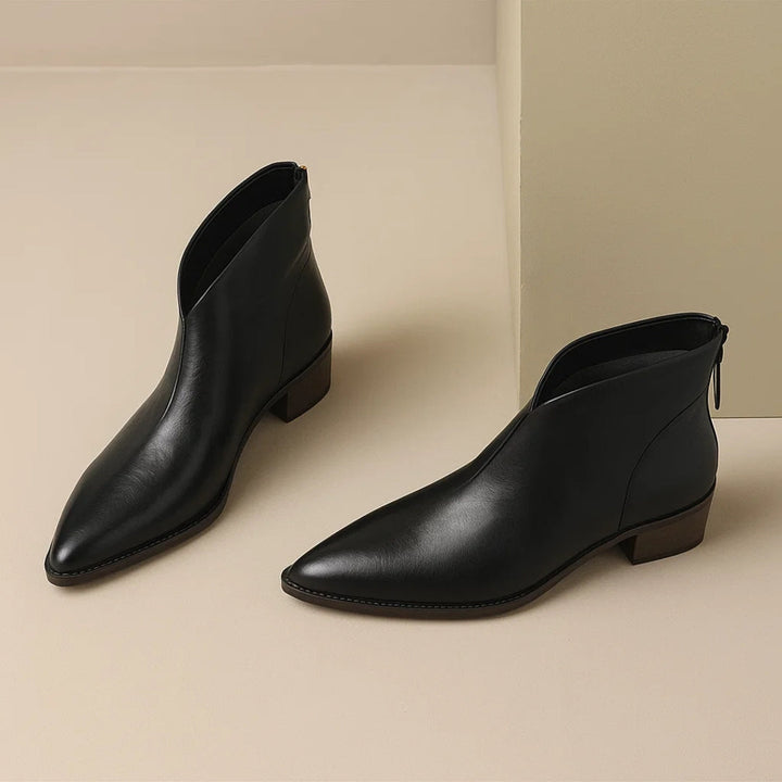 Leather Ankle Boots for Women with Pointed Toe and Block Heel