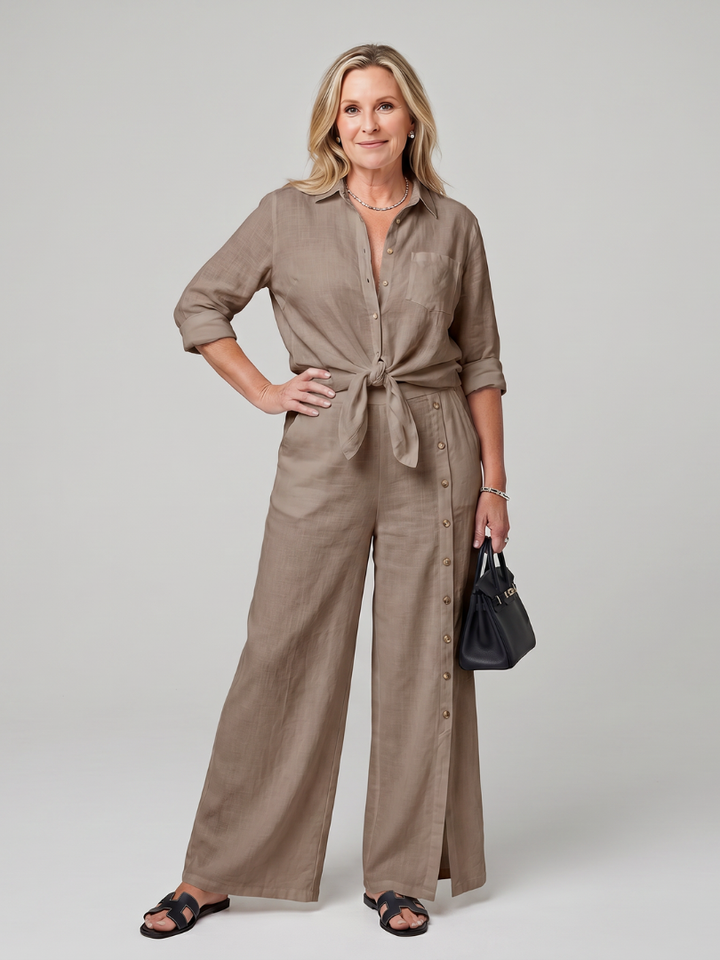Two Piece Set Long Sleeve Tie Front Top Wide Leg Pants