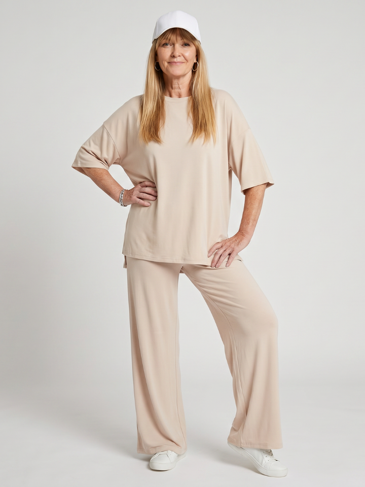 Oversized Two Piece Set - Short Sleeve Top and Wide Leg Pants