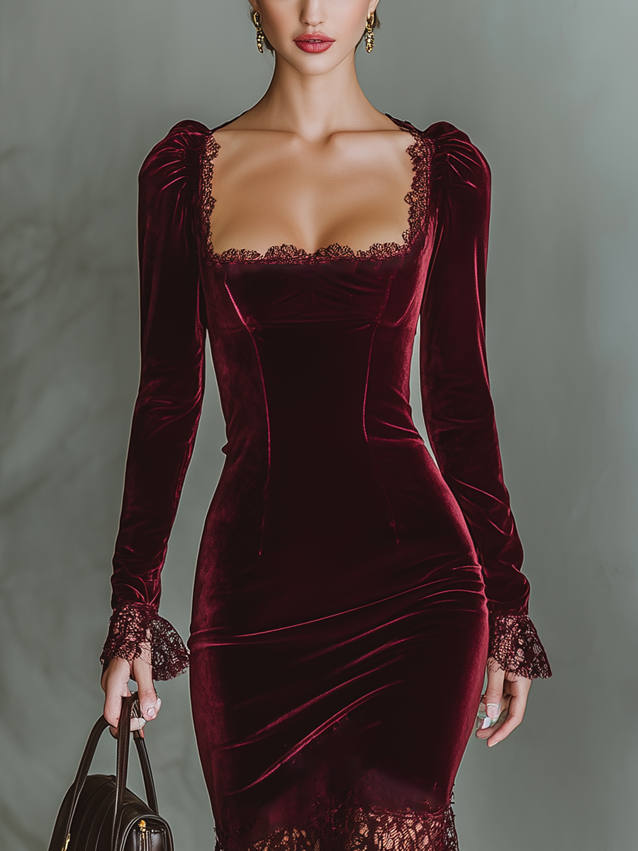 Burgundy Velvet Maxi Dress with Lace Detail for Women