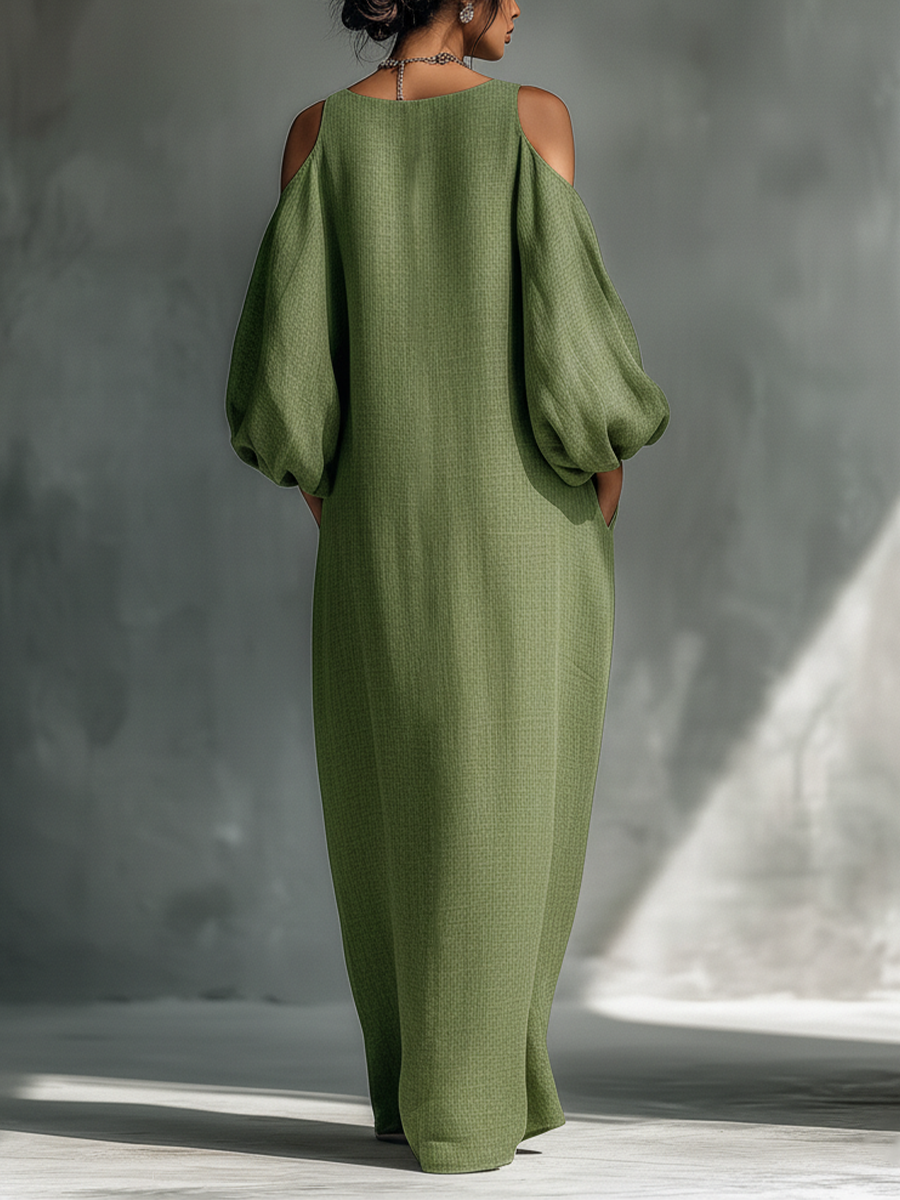 Cold Shoulder Maxi Dress with Puff Sleeves and Pockets