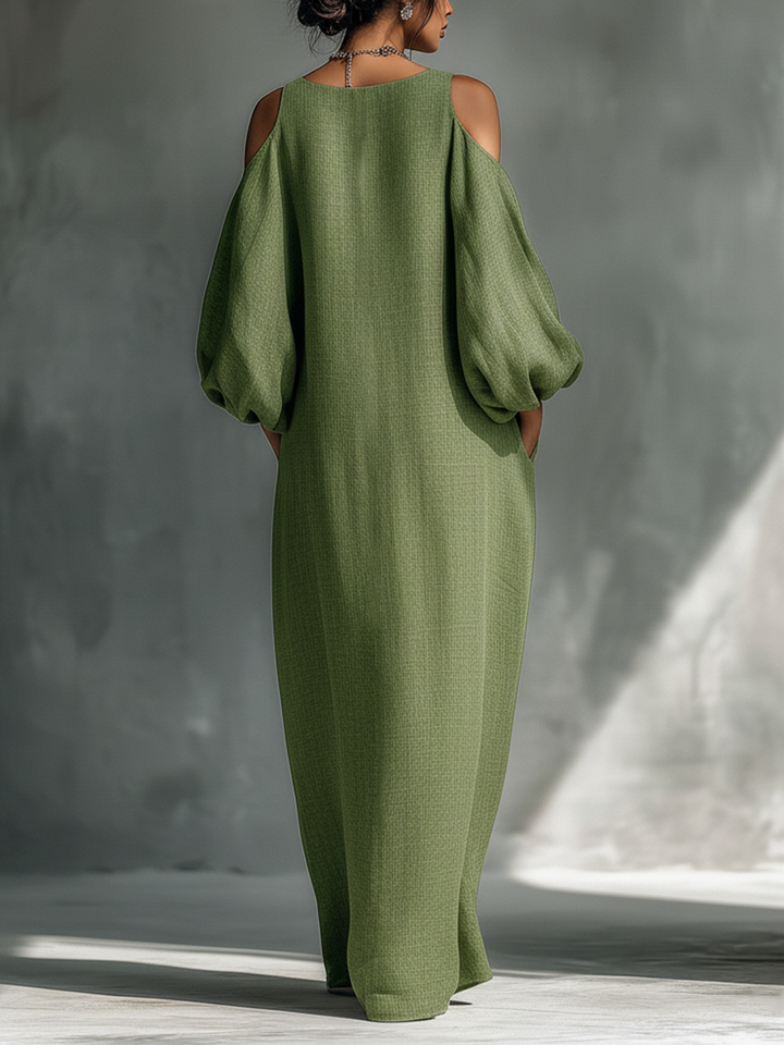 Cold Shoulder Maxi Dress with Puff Sleeves and Pockets