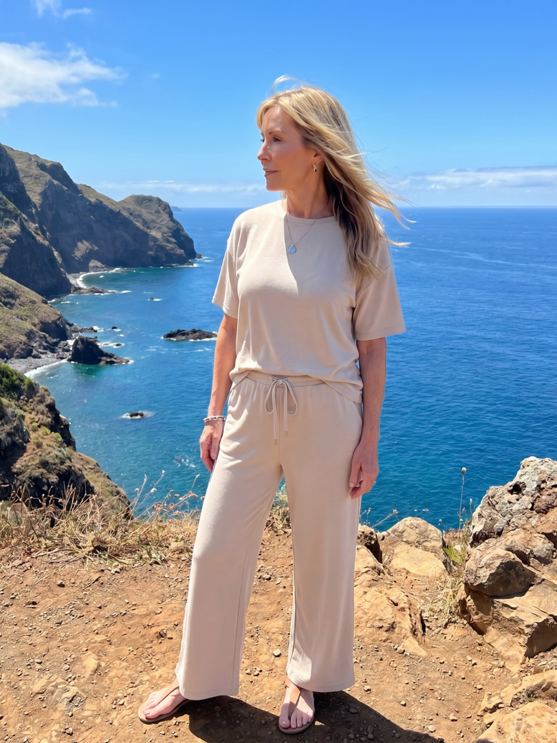 Two Piece Set Short Sleeve Top and Straight Leg Pants