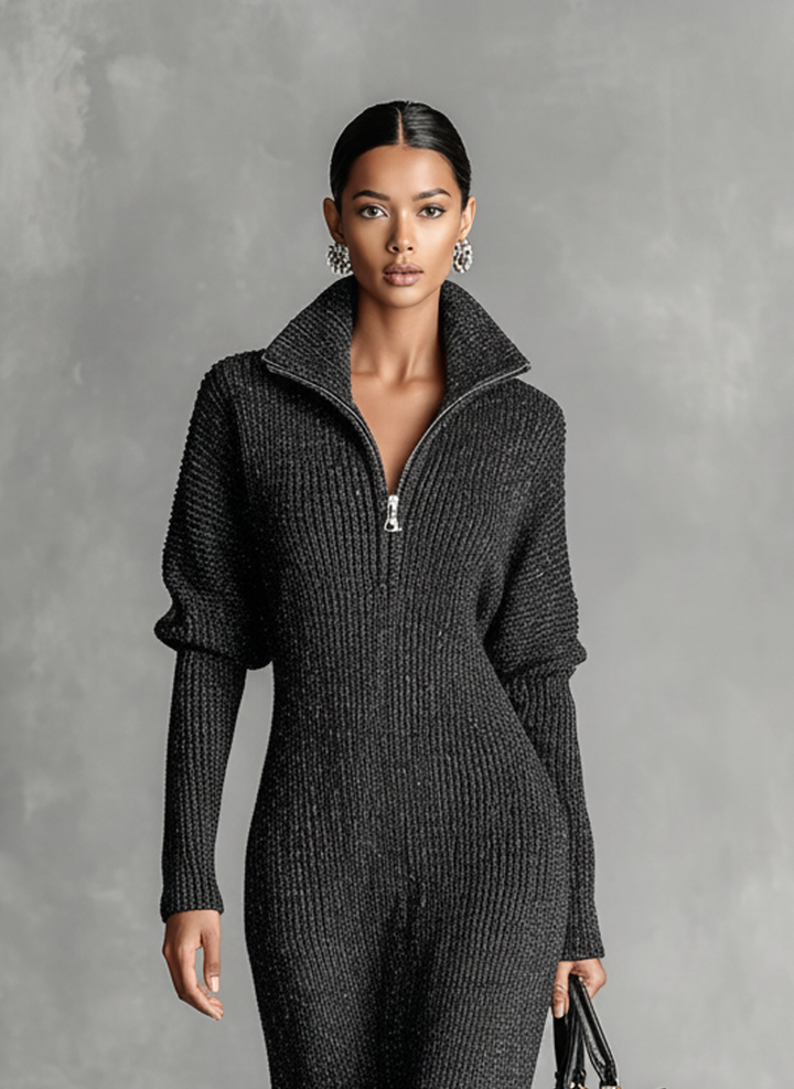 Knitted Maxi Dress with Zipper Neck for Women
