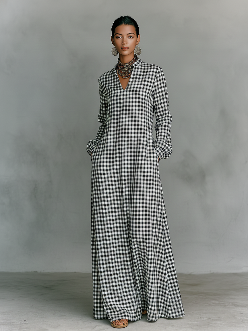 Cotton Plaid Maxi Dress with V-Neck and Long Sleeves