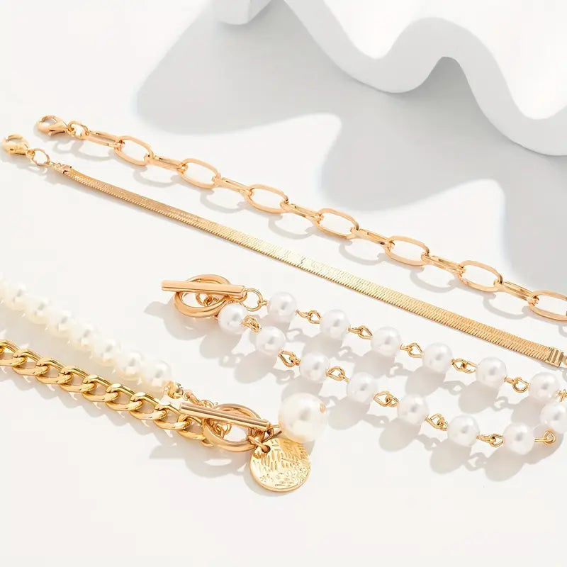 Gold Bracelet Set - Layered 4 Piece Snake Pearl Link Stack