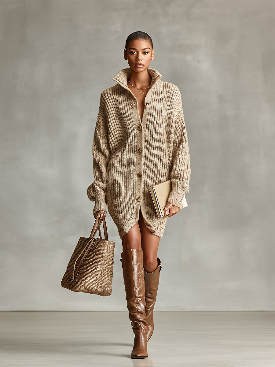 Camel Cardigan Dress for Women - Button Front Mini Sweater Dress