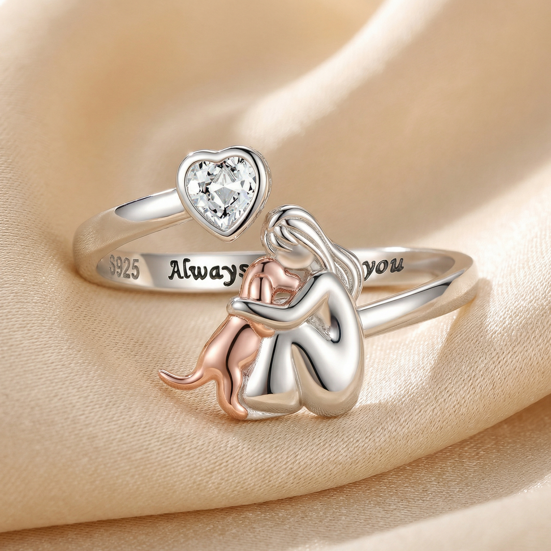 Sterling Silver Dog Lover Ring - Adjustable Heart Zirconia Band