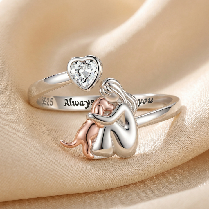 Sterling Silver Dog Lover Ring - Adjustable Heart Zirconia Band