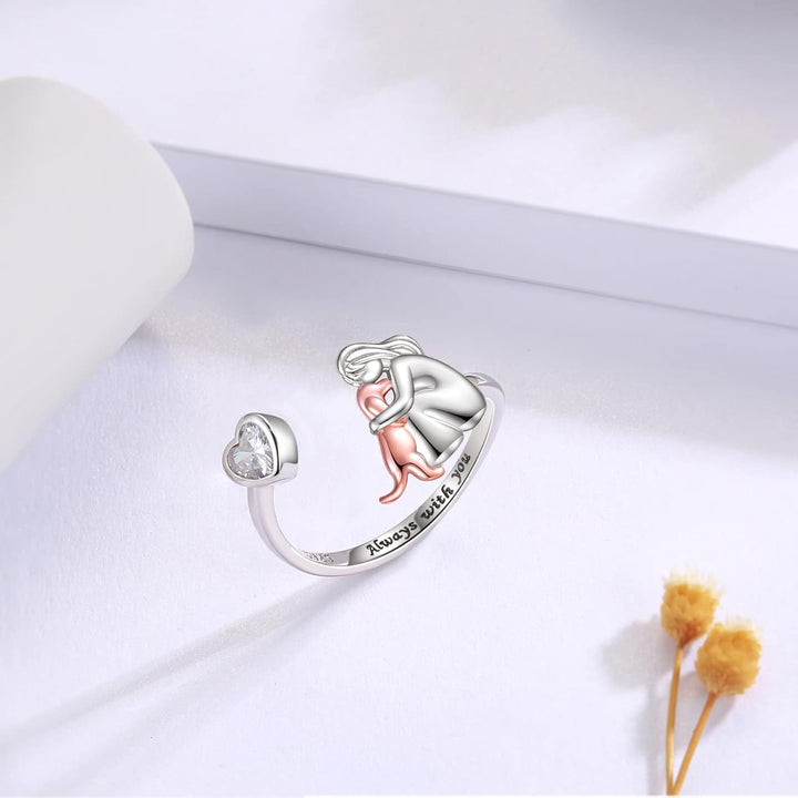 Sterling Silver Dog Lover Ring - Adjustable Heart Zirconia Band